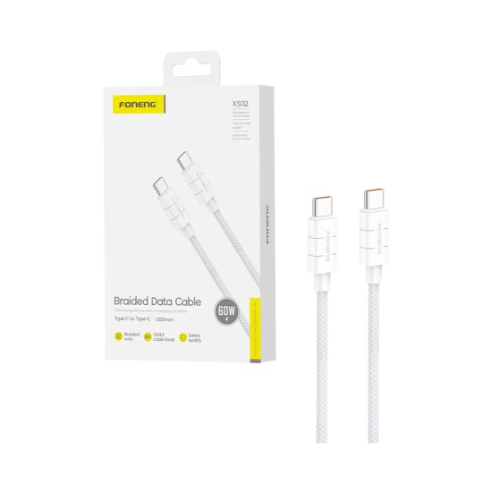 Cabo Foneng XS02 Braided Tipo C para Tipo C 60W 1,2M Branco